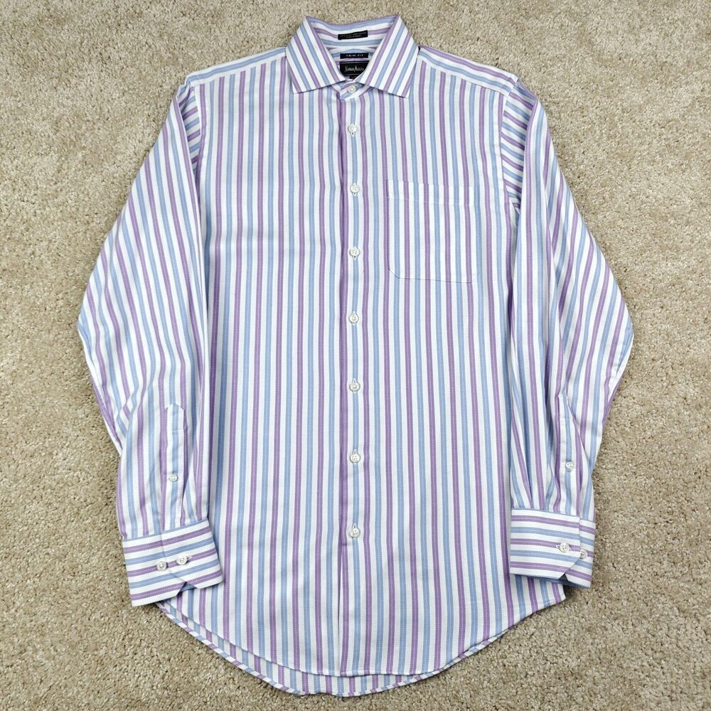 Neiman Marcus Dress Shirt Men's 15 34/35 Striped Trim Fit 80s 2-Ply 100% Cotton